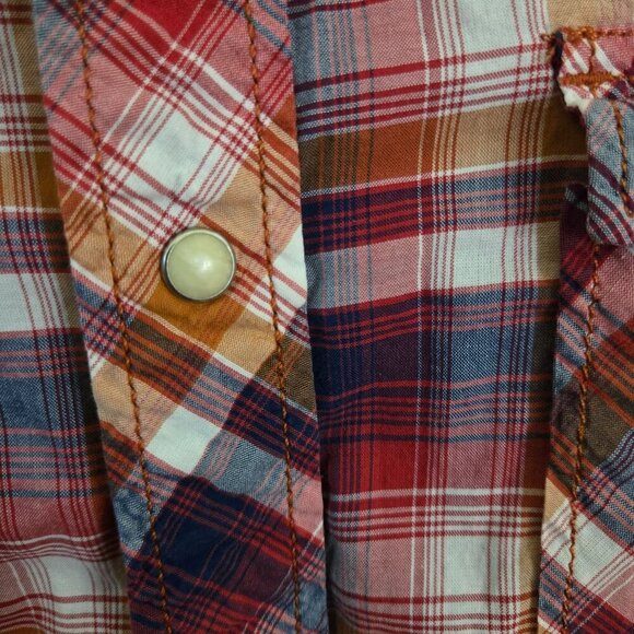 Lucky Brand Western Pearl Snap Red Plaid 100% Cotton Suatainable Shirt Size L - Picture 3 of 5